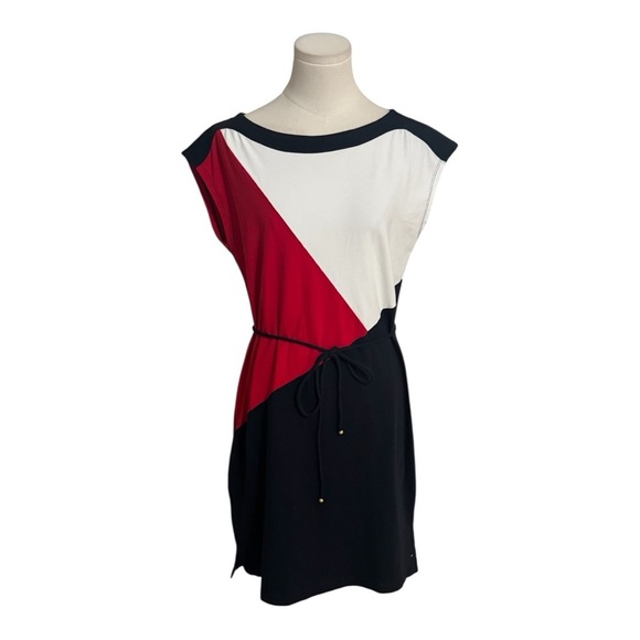 Tommy Hilfiger Red White Blue Belted Colorblock Stretch Cotton Mini Dress Size S - Picture 3 of 8